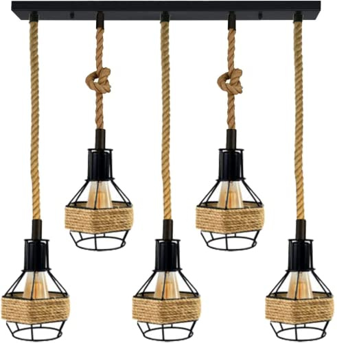 DC VOLTAGE Retro 5 Head Ceiling Pendant Light Metal Hemp Rope Covered Bird Cage Lampshade with Adjustable Cable Bulbs Rectangle Canopy Lamp for Dining Room Hallway Restaurant Cafe Bedroom Kitchen