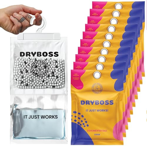 DRYBOSS 10 Pack x 230g(2.3KG) Sacchetti Deumidificatore Assorbi Umidità Armadio Vestiti Ambiente Cassetti Antiumidita Antimuffa Togli Muffa Deumidificatori Cattura Buste Casa Armadi Deumidificanti
