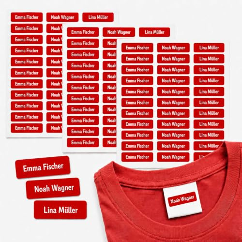 Indigos UG - Namensaufkleber Kleidung rot - 60 Stück 30x15 mm - personalisiert mit Wunschtext - waschmaschinenfest - Pflegeheim Altenheim Kita Schule - selbstklebend Wäscheetiketten