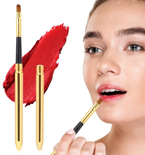 Portable Travel Lip Brush, 2 Pack Lipstick Applicator Wands with Cap Reusable Lipstick Brush Lightweight Lip Mask Applicator Professional Lip Gloss Makeup Brush Women Girls, Christmas Gifts (Gold)