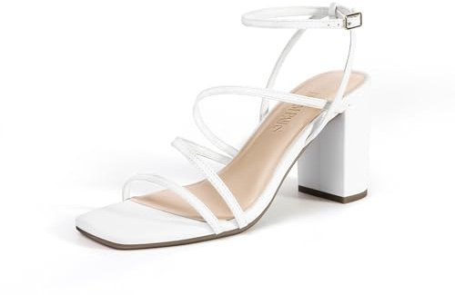 DREAM PAIRS Women's Heels Chunky Block Strappy Square Open Toe Ankle Buckle Heeled Sandals Wedding Party Dress Shoes Indie,Size 8.5,White,SDHS2428W