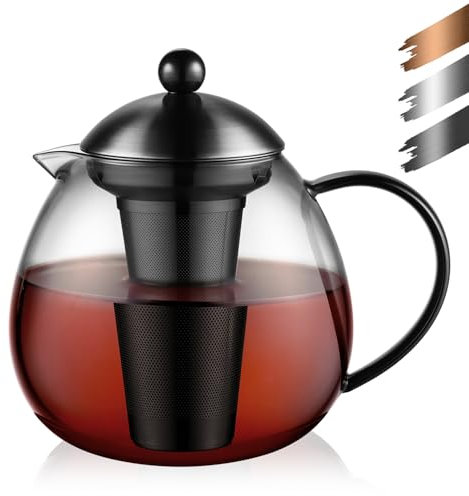 glastal Glas Schwarz Teekanne 1500ml mit 18/8 Edelstahl Teesieb Borosilicate Glas Teebereiter Glaskanne Geeignet für Teewarmer