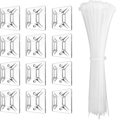 Kcmell Cable Ties Set, 120 Pcs White Cable Ties 150mm and 120 Pcs Clear Self Adhesive Mount Base Holders 20mm, Self-Locking Heavy Duty Zip Ties Nylon Plastic Tie Wraps for Home Office Garden Warehouse