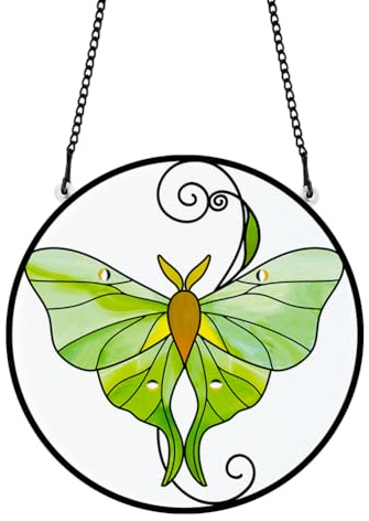 PLIGREAT Sonnenfänger Grün Luna Motte Acryl Glasmalerei Sonnenfänger Sommer Terrasse Garten Hängende Baum Ornamente für Wohnzimmer Schlafzimmer Spielzimmer Fenster Dekoration Gedenkgeschenke
