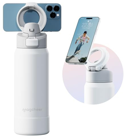 Magcheer Botella Magnetica 1L con Soporte Movil | Trípode Multi-ángulos | Sin BPA y A Prueba de Fugas | Botella Termica Frío 24h para Viajes y Selfies de Gym(Blanco)
