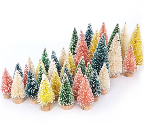 35pcs Mini Miniature Christmas Pine Tree Bottle Brush Trees Wooden Bases Tree for Your Village Desktop Xmas Holiday Party (Pink,Yellow,Blue,Green,Beige)