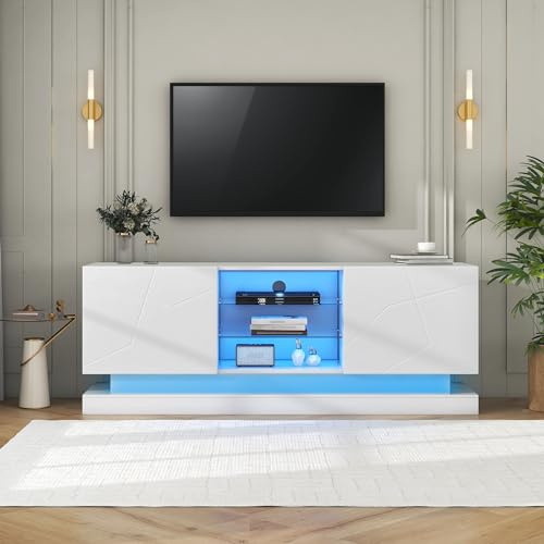 Merax LED TV Schrank, Weißer Hochglanz TV Lowboard, Verstellbare Glasablage, 70 Zoll Platz, Stilvolle Aufbewahrung mit Silent Hinges, 160 * 38.5 * 60CM