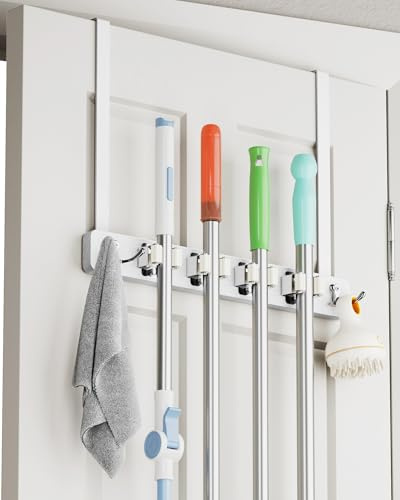BS-VOG Türhaken-Besenhalter, 4 Halterungen & 2 Haken, Besen- & Mopphalter, Aufhängung für Schrank, Abstellraum & Garage (Türspalt ≥2mm, nicht für Dichtetüren), Weiß