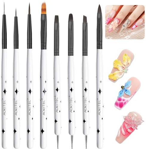 Aokitec 8PCS Nail Art Brushes Set Professional: White & Black Color Nail Art Tools For Long Lines, Thin Details, Fine Drawing, Liner Brush U V Gel Polish Painting Nail Design Home Salon Manicure DIY