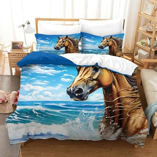QPIRINMEX Cavallo Copripiumino 3D Stampato Per Camera Da Letto Microfibra Morbida - Set Completo Con Federe Cuscino - Ideale Per Adulti Single（140x200cm）