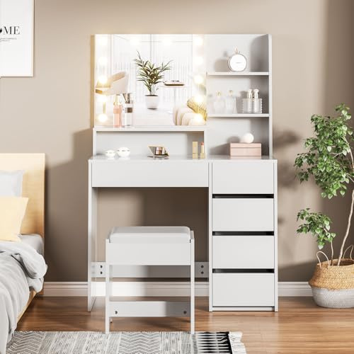 Oyajia Schminktisch Weiß, Kosmetiktisch mit Spiegel & Hocker, Frisierkommode mit LED-Beleuchtung Set, Frisiertisch mit 5 Schubladen, Schlafzimmermöbel Vanity Set, 140 * 94 * 40cm (140 * 94 * 40cm)