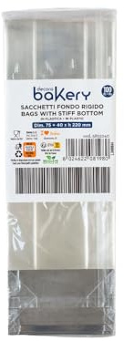 Decora 5855040 Lot de 100 sachets en plastique transparent pour aliments, avec fond en carton rigide 75 + 40 x 220 mm h, pour l'emballage de bonbons, biscuits et chocolats