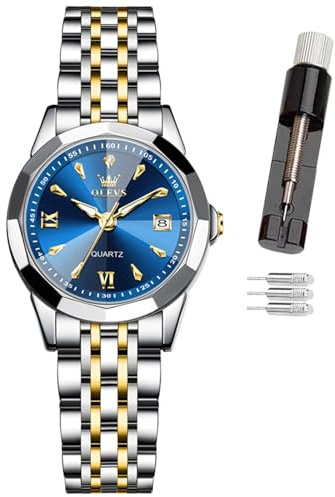OLEVS Damklocka, handled diamant urtavla dam kvartsur, rostfritt stål mode nattlysande vattentät analog klocka för kvinnor, romantisk present till flickvän, 9998- Blått ansikte, Klassisk