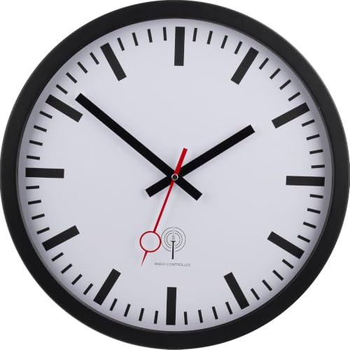 56861-05-Eurotime Funkwanduhr mit Bahnhofs-Sekundenzeiger,schrittsekunde, 40 cm Durchmesser, Metallgehäuse und Echtglas, Bahnhofzifferblatt und Zeigersatz schwarz
