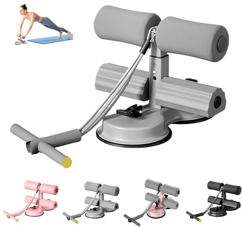 Sit Up Bar Foot Holder, Sit Up Exercise Equipment, 3-Level Adjustable with 2 Strong Suction Cups & Elastic Rope, Portable Sit Up Equipment, Abs Workout Aids for Feet & Leg Strength (Grey)
