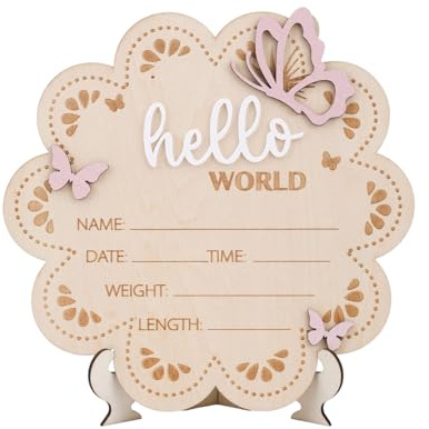 Hölzernes Baby-Ankündigungsschild, 17,8x17,3cm Schmetterling Hello World Neugeborenenschild Baby-Namensschild Neugeborenen-Willkommensschilder für Babyparty Krankenhaus Kinderzimmer