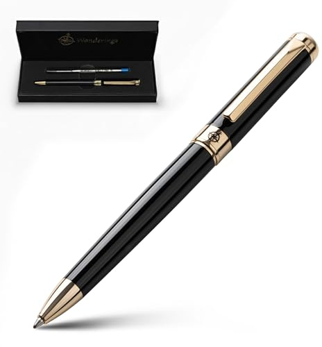 WANDERINGS Bolígrafo con Tinta Alemana – Equilibrado con Experiencia de Escritura Sobresaliente, Chapado en Oro de 24K – Negro Piano - Incluye un Repuesto Schmidt en Estuche de Presentación de Regalo