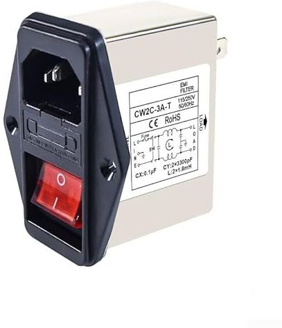 Zilimontt Filtro de línea eléctrica tipo zócalo IEC con interruptor de seguridad de luz, filtro de supresión para reducir interferencias en comunicación, mecánica y alimentación (CW2C-3A-T)