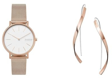 Skagen Damen Signatur Roségoldfarbene Edelstahl Uhr und Kariana Ohrringe, Set