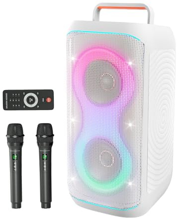 GKD61 Machine de Karaoké pour Adultes avec 2 Microphones UHF Sans Fil, 400W Puissance Crête, Enceinte Bluetooth Portable avec Deux Subwoofers de 6,5, Réglage Basses/Aigus, pour Intérieur et Extérieur