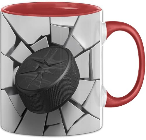 3D Eishockey Puck Tasse Geschenk Eishockey Puck Durchbruch Wand Spruch Geschenkidee für Eishockey Puck Liebhaber (Rot)