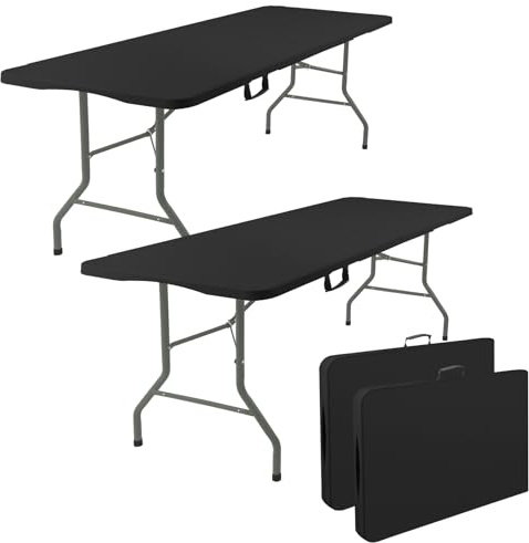 Fivenl 2 Pack 6 Feet Portable Folding Table Black, Steel Legs Fold-in-Half with Carrying Handle Rectangular Plastic Foldable Table for Party, Wedding, Camping, Picnic, Dining, Indoor Outdoor Events