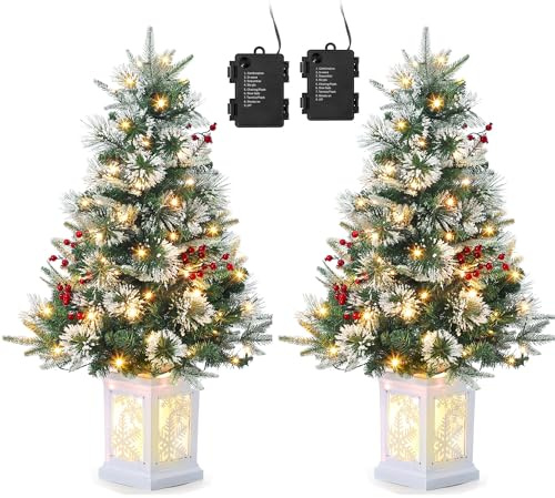 2pcs 90cm Künstlicher Weihnachtsbaum Weihnachten Baum mit 70 LED Warmweißer Lichterkette LED Beleuchteter Tannenbaum 8 einstellbare Modi Christbaum PVC Nadeln, Schneeflocken-Leuchtkasten
