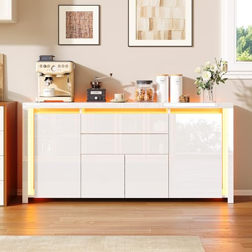 FEEOHOME Credenza Bassa, Mobile da Riordinamento con LED Regolabile, Comò per Adulti con 2 Cassetti e 4 Ante, Armadio da Cucina Multifunzionale per Sala da Pranzo, Soggiorno, 160x35x75cm (Bianco)