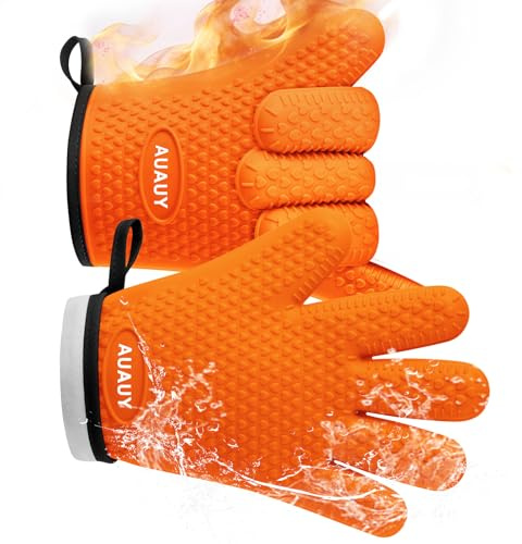 AUAUY Guanti da Forno, Guanti da Forno in Silicone Impermeabili, Arancione | 446°F Antiscivolo Guanti Resistenti al Calore, Guanti da Cucina Lunghi, per Cucinare, Barbecue, Cottura al Forno