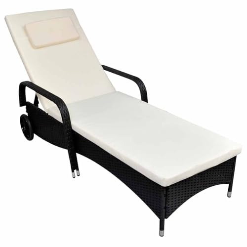 Frdhee Sedia da giardino, sedia da giardino, sedia reclinabile, sdraio con imbottitura e ruote, in polyrattan nero, per terrazza, picnic, viaggio, stabile