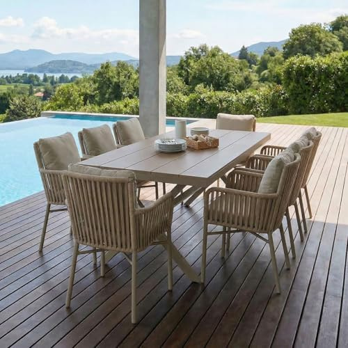 Gartenmöbel-Set AFUERA Tisch mit 8 Stühlen, Champagner - Outdoor Essgruppe für bis zu 8 Personen, wetterfest und pflegeleicht, wasserabweisende Sitzkissen, ideal für Terrasse, Balkon und Garten