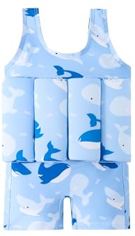 IDOPIP Toddler Floatation Swimsuit for Baby Boy Girls Float Suit with Buoyancy Floating Swimwear Bathing Suit Kids Toddler Float Swim Vest with 8 Removable Buoyancy Stick ﻿ Blue Whale 18-24 Months