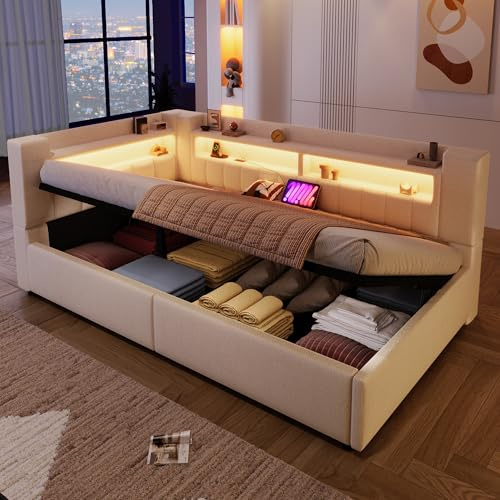 NovaFurnish Daybett, 90 x 200 cm,Hydraulische Lagerungt, Mit USB Typ-C Ladefunktion, LED-Beleuchtung,Sofabett, Einzelbett, Ohne Matratze, Leinen, minimalistischer Stil, Beige