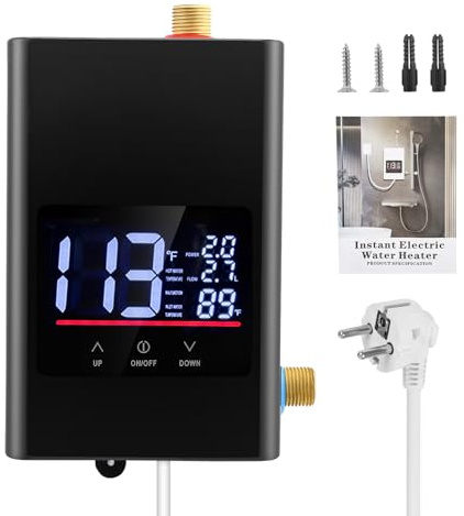 Eirolace Mini Calentador de Agua Eléctrico Instantáneo 6000W 220V, Calentador de Agua Instantáneo con Indicador de Temperatura y Mando a Distancia, Calentador de Agua IPX4 para Cocina, Ducha, Baño