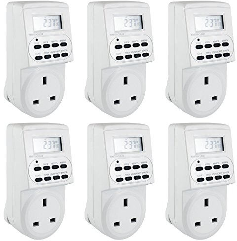 AMOS Digital Timer Plug Switch 12 / 24 Hour 7 Day Socket Programmable Mains LCD Display UK 3 Pin Wall Plug In Electronic AM / PM 12hr / 24hr Time Clock Energy Saver Power Controller Home Security (6 Pack)
