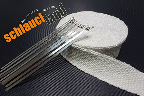 Schlauchland 5m Keramik Hitzeschutzband 50mm Weiss 1200°C + 10 Kabelbinder Auspuffband Thermoband Krümmerband Heat Wrap Basaltfaser Isolierband Hitzeschutz
