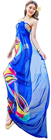 GERINLY Large Sarong Wrap for Women Plus Size Beach Cover Up Chiffon Thin Bathing Suit Wrap Skirt Geometrical Design Pareos (Blue)