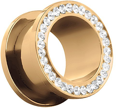Piersando Flesh Tunnel Ohr Piercing Plug Ohrpiercing Schmuck Schraub Edelstahl Titan Eloxiert mit Zirkonia Kristall Steinen am Rand 5mm Gold