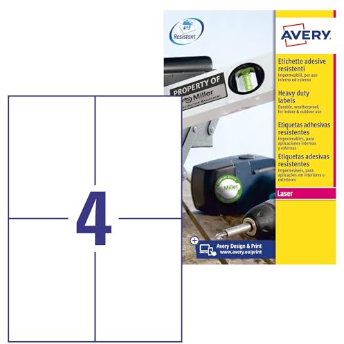 AVERY Zweckform L4719-20 Wetterfeste Folienetiketten (80 Klebeetiketten, 105x148mm auf A4, extrem stark selbstklebend, wasserfest, strapazierfähig, bedruckbare Outdoor Klebefolie) 20 Blatt, weiß