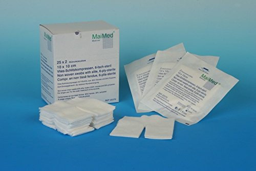 MaiMed Compresse a fessura in tessuto non tessuto, sterili, 6 scomparti, art. n. 25370, confezione da 25 x 2 pezzi, 10 x 10 cm