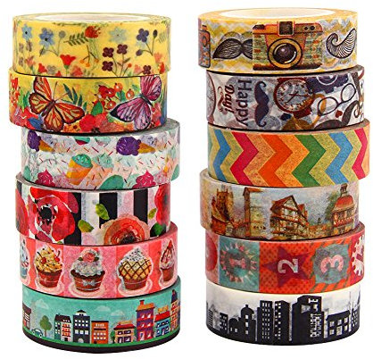 Klebeband Bunt 12 Stücke Bunte Dekoratives Klebebänder mit verschiedenen Mustern Washi Tape Masking Tape DIY Deko Klebeband für Handarbeit Wanddeko Scrapbooking