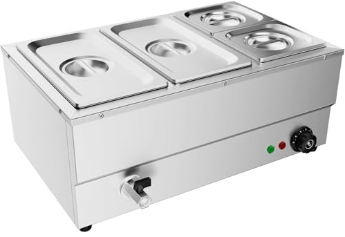TAIMIKO 1500W Commercial Electric Food Warmer - Stainless Steel Bain Marie Buffet Warmer with Steam Table, Ideal for Catering & Restaurants, Includes 2 x 1/3 GN and 2 x 1/6 GN Pans