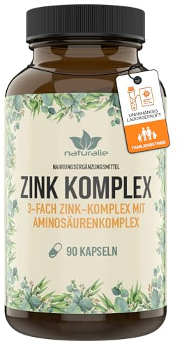 naturalie® - Zink im 3-Fach Komplex mit L-Histidin und 10 weiteren Aminosäuren | 90 Kapseln | 25 mg hochdosiert, bioverfügbar | laborgeprüft ohne unnötige Zusätze | BPA-freies Braunglas