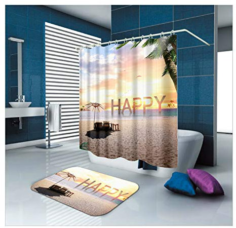Daesar Toiletten Teppich 40x60 Happy Sonnenuntergang am Strand 150x180 cm Badvorhang Vintage, Badematten 2Teilig