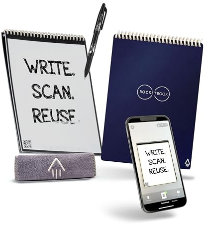 ROCKETBOOK Flip Reusable Smart Notepad | Eco-Friendly, Digitally Connected Notebook for Ambidextrous Writers | Dotted & Lined Combo, 6” x 8.8”, 36 PG, Navy, with Pen, Cloth, and App Included