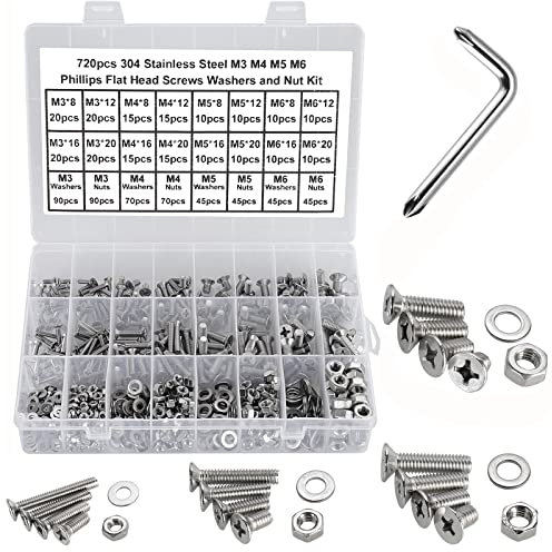 FandWay 720Pcs Bolts and Nuts Set,M3 M4 M5 M6 Countersunk Machine Screws,DIN 965 Cross Flat Head Screws,304 Stainless Steel Bolts and Washers Set Fully Threaded With 1 Phillips Drive Key.