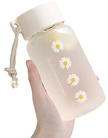 DASNTERED - Borraccia piccola con margherita, in plastica trasparente, 500 ml, senza BP-A, portatile, riutilizzabile, a prova di perdite, con corda per viaggi scolastici (4 fiori opachi)