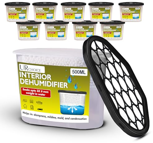 UR CHOICE Interior Dehumidifier 500ml, Pack of 10 | Moisture Absorber & Condensation Remover, For Damp, Mould, Musty Smell, Disposable