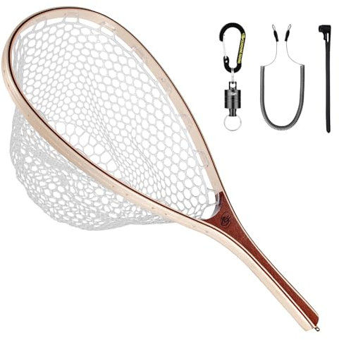 SF Fliegenfischer Kescher Weicher Gummi Holzrahmen Kleinlochnetz Forellenfischernetz Fangen und Freigeben Release Kombinationskit mit Schwarz Magnet/EIN Netz und EIN Magnet