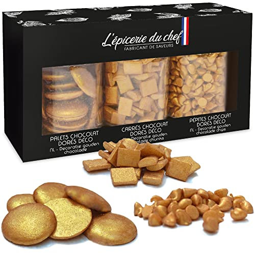 Épicerie du Chef - 3 Pots Décos Dorées Chocolat - Décorations Alimentaires Professionnelles pour Pâtisseries Desserts Gâteaux Déco de Table - Palets Carrés Pépites - Couleur Or - EDC70008